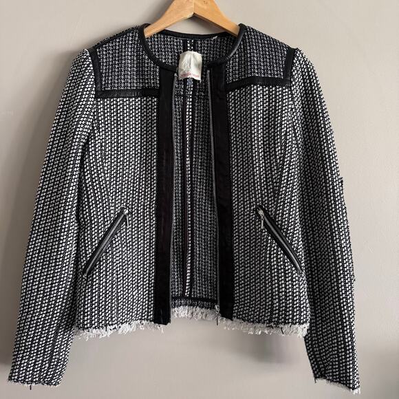Rebecca Taylor Black and White Tweed Lamb Leather Trim Zip Jacket Blazer 4 - Picture 3 of 11